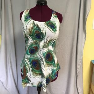 Peacock feather, lace razorback, sleeveless top.